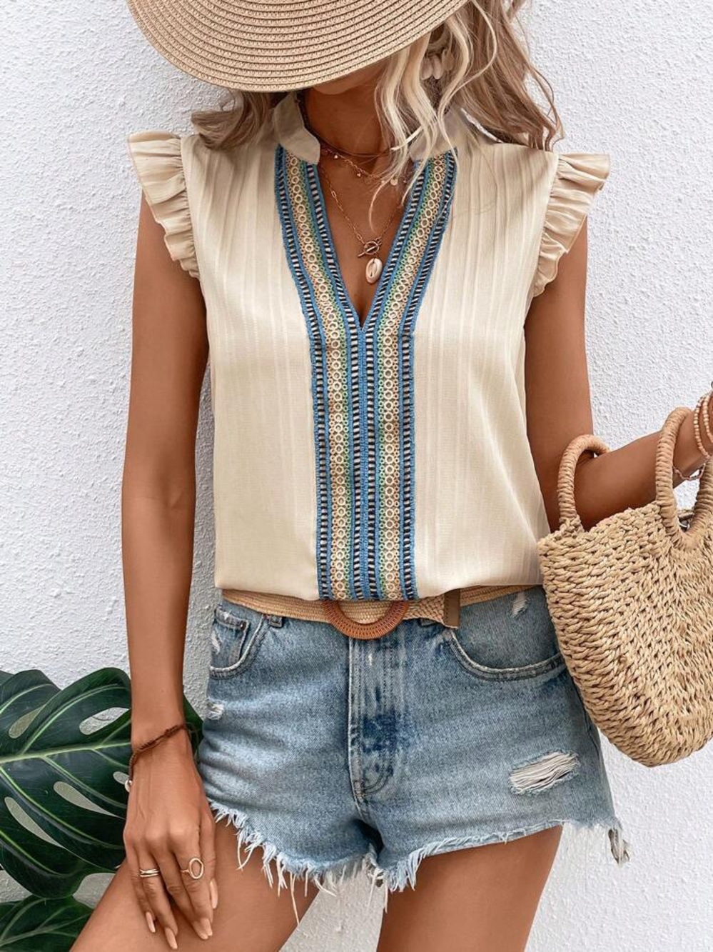 SHEIN Breezaya Contrast Lace Ruffle Trim Notched Neckline Blouse women’s size XL